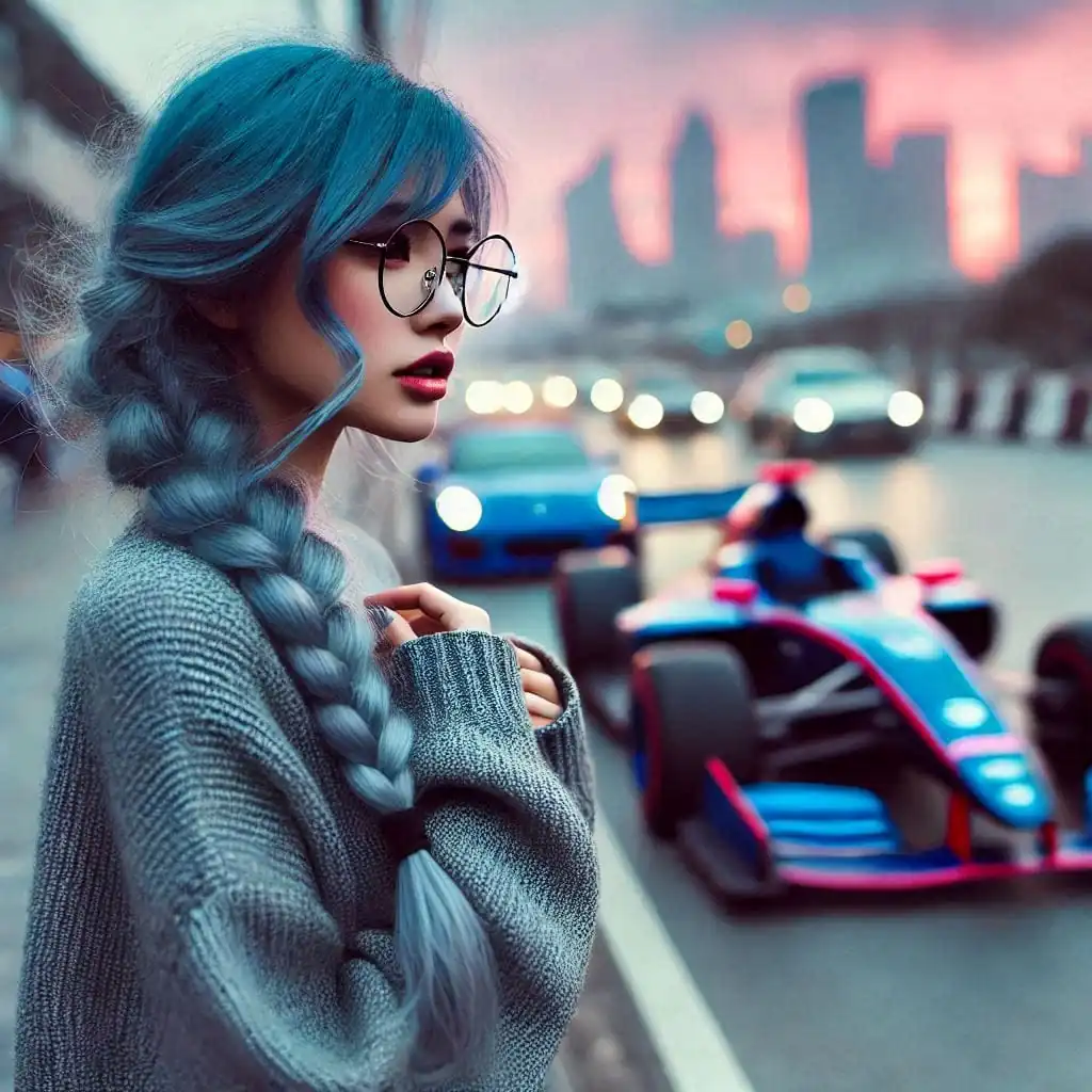 mujer de cabello azul con carros de carrera de fondo
